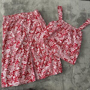 Ann Taylor LOFT Tango Red Paisley Button Pull On Midi Skirt Tank Top Women's XL